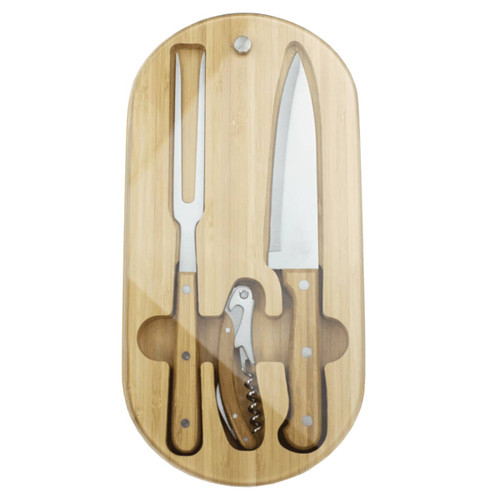A bamboo knife set featuring three stainless steel knives, housed in an oval wooden tray with a transparent cover. A bamboo knife set featuring three stainless steel knives, housed in an oval wooden tray with a transparent cover.