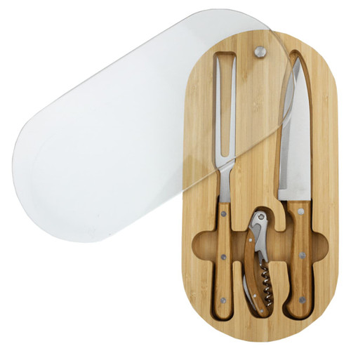 A bamboo oval knife set featuring silver stainless steel knives and a corkscrew, encased with a clear protective cover. A bamboo oval knife set featuring silver stainless steel knives and a corkscrew, encased with a clear protective cover.