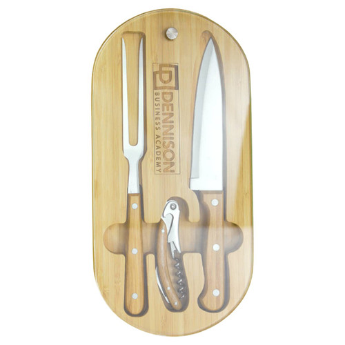 A bamboo knife set featuring a carving fork, chef's knife, and paring knife, displayed in an oval holder with a logo. A bamboo knife set featuring a carving fork, chef's knife, and paring knife, displayed in an oval holder with a logo.