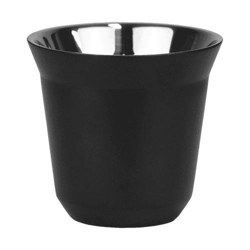 A black recycled espresso cup with a shiny silver interior, featuring a rounded design and a logo. A black recycled espresso cup with a shiny silver interior, featuring a rounded design and a logo.