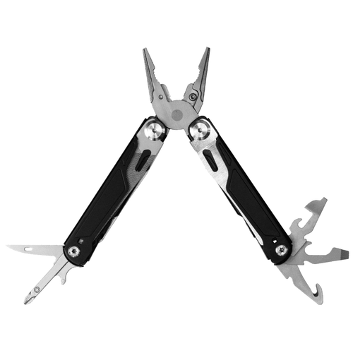 A black and silver multi-tool with pliers, blades, and various attachments, featuring a logo. A black and silver multi-tool with pliers, blades, and various attachments, featuring a logo.