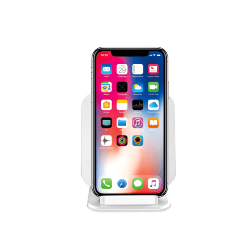 A wireless charger and stand in white with a smartphone displayed, featuring a variety of app icons on the screen. A wireless charger and stand in white with a smartphone displayed, featuring a variety of app icons on the screen.