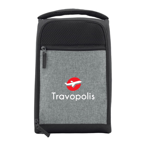 A grey travel shoe bag features a mesh top and a logo. It includes a zippered compartment and a handle. A grey travel shoe bag features a mesh top and a logo. It includes a zippered compartment and a handle.