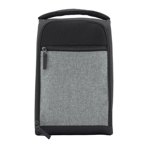 A grey travel shoe bag with a textured front, zip closure, and a handle on top. It features a logo. A grey travel shoe bag with a textured front, zip closure, and a handle on top. It features a logo.