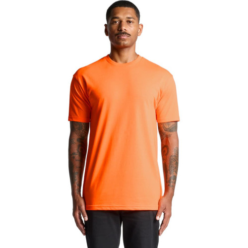 An orange work t-shirt with a round neck and short sleeves, featuring a logo on the front. An orange work t-shirt with a round neck and short sleeves, featuring a logo on the front.