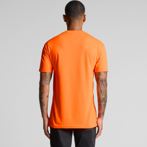 An orange work t-shirt displayed from the back, featuring a logo on the upper area. An orange work t-shirt displayed from the back, featuring a logo on the upper area.