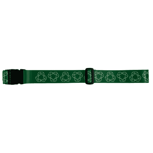 A green rPET luggage strap featuring a recycling symbol pattern and a plastic buckle, with a logo present.