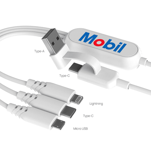 A white multi charging cable with Type-A, Type-C, Lightning, and Micro USB connectors, featuring a logo. A white multi charging cable with Type-A, Type-C, Lightning, and Micro USB connectors, featuring a logo.