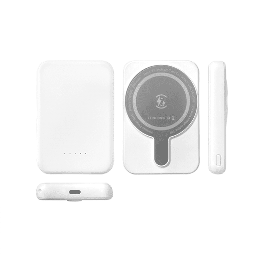 A white magnetic power bank with a circular charging area and a USB-C port, featuring a logo on the surface. A white magnetic power bank with a circular charging area and a USB-C port, featuring a logo on the surface.