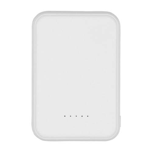 A white magnetic power bank with a sleek design and four indicator lights. It has a branding logo on the surface. A white magnetic power bank with a sleek design and four indicator lights. It has a branding logo on the surface.