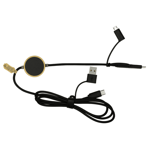 A 120cm black recycled charging cable with a micro adaptor and USB connection, featuring a round adapter. A 120cm black recycled charging cable with a micro adaptor and USB connection, featuring a round adapter.