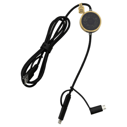 A 120cm black and gold 6-in-1 charging cable featuring a micro adaptor and a branding logo. A 120cm black and gold 6-in-1 charging cable featuring a micro adaptor and a branding logo.
