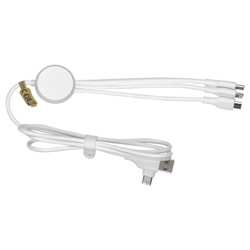 A white 120cm recycled 6-in-1 charging cable with multiple connectors and a circular hub. A white 120cm recycled 6-in-1 charging cable with multiple connectors and a circular hub.