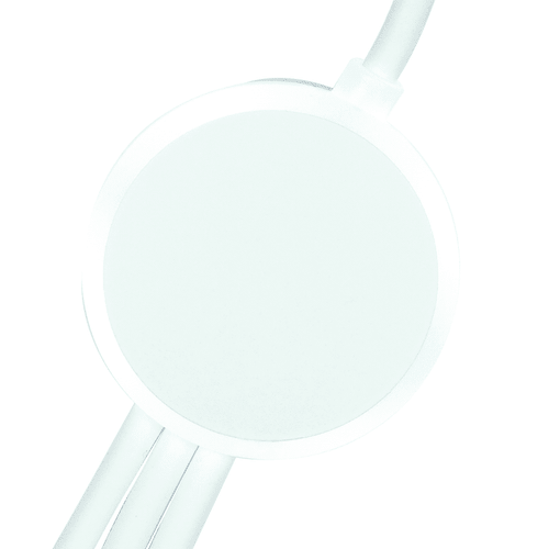 A 120cm recycled charging cable in white, featuring a round connector and multiple charging options. It includes branding. A 120cm recycled charging cable in white, featuring a round connector and multiple charging options. It includes branding.