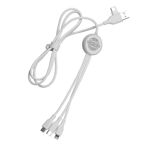 A white 120cm recycled 6-in-1 charging cable with multiple connectors and a circular logo. A white 120cm recycled 6-in-1 charging cable with multiple connectors and a circular logo.