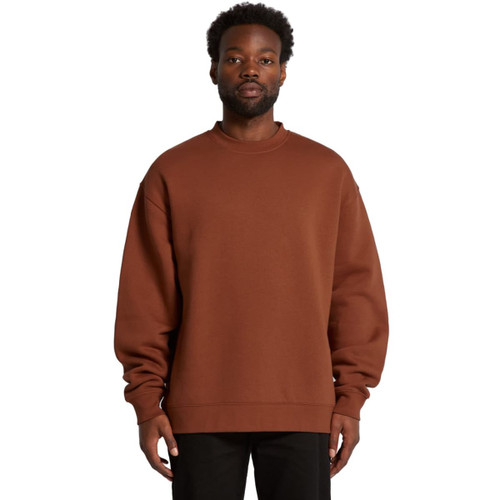 A brown sweater with a relaxed fit, featuring long sleeves and a crew neckline. It has a branding logo. A brown sweater with a relaxed fit, featuring long sleeves and a crew neckline. It has a branding logo.
