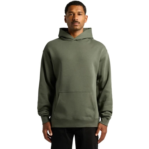 A green hoodie with a front pocket and a hood, featuring a logo. The model is standing upright.