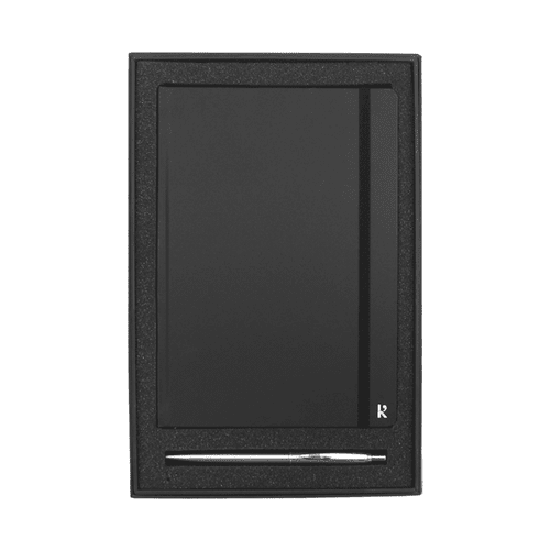 A black hardcover notebook and a silver stainless steel pen in a black gift box with a logo. A black hardcover notebook and a silver stainless steel pen in a black gift box with a logo.