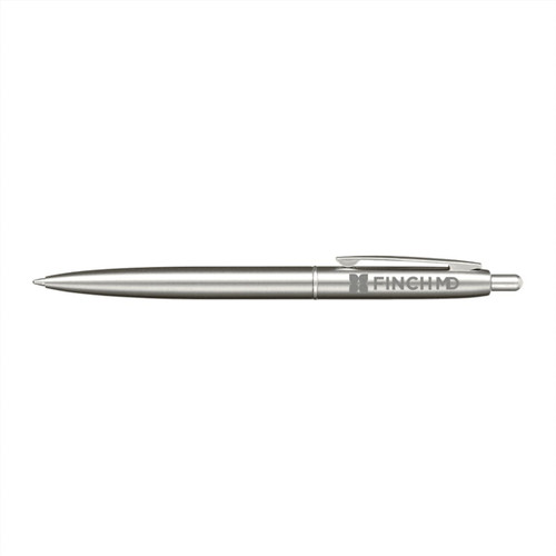 A recycled stainless steel pen in silver with a logo on the barrel. A recycled stainless steel pen in silver with a logo on the barrel.