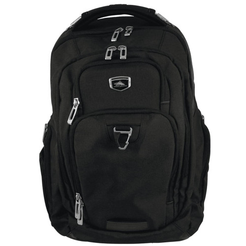 A black laptop backpack with multiple compartments, zippers, and a logo, featuring padded straps and a sturdy handle. A black laptop backpack with multiple compartments, zippers, and a logo, featuring padded straps and a sturdy handle.