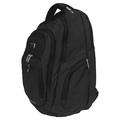 A black High Sierra Business 17" 42L computer backpack with multiple compartments and a logo. A black High Sierra Business 17" 42L computer backpack with multiple compartments and a logo.