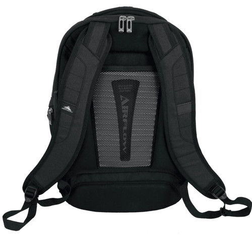 A black High Sierra Business 17" 42L computer backpack with padded straps and a mesh back panel. It features a logo. A black High Sierra Business 17" 42L computer backpack with padded straps and a mesh back panel. It features a logo.