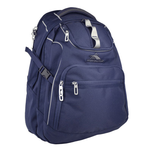 A navy blue High Sierra Access 3.0 Backpack with multiple zippered compartments and a branding logo. A navy blue High Sierra Access 3.0 Backpack with multiple zippered compartments and a branding logo.