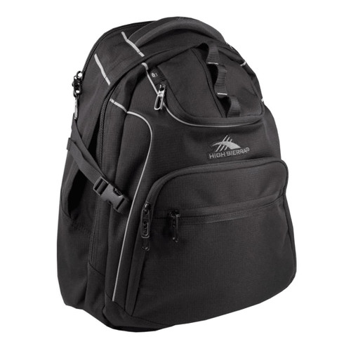 A black High Sierra Access 3.0 Backpack 45L featuring multiple compartments and a logo. A black High Sierra Access 3.0 Backpack 45L featuring multiple compartments and a logo.