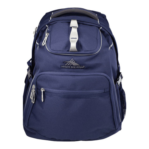 A navy blue backpack with multiple zippered pockets, a mesh side pocket, and a logo on the front. A navy blue backpack with multiple zippered pockets, a mesh side pocket, and a logo on the front.