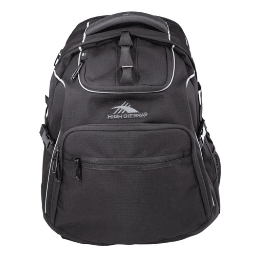 A black High Sierra Access 3.0 Backpack with zippered compartments and a logo on the front. A black High Sierra Access 3.0 Backpack with zippered compartments and a logo on the front.