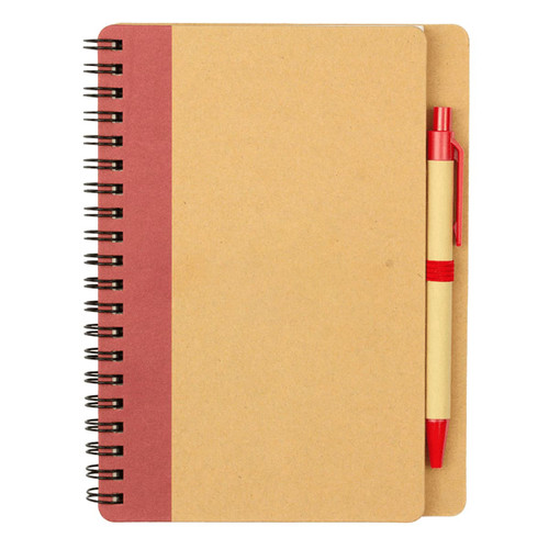 A brown notebook with a red spine and a matching red ballpoint pen attached. The notebook features spiral binding. A brown notebook with a red spine and a matching red ballpoint pen attached. The notebook features spiral binding.