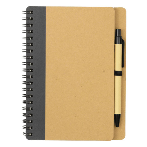 A brown notebook with a dark grey stripe and a black ballpoint pen attached. It features a spiral binding. A brown notebook with a dark grey stripe and a black ballpoint pen attached. It features a spiral binding.