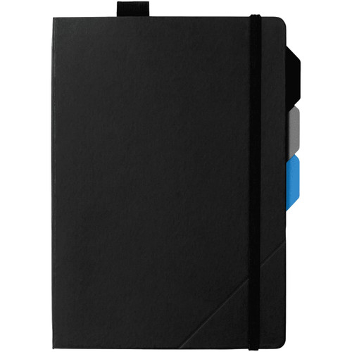 A black notebook with a textured cover, elastic band closure, and coloured tabbed dividers on the side. A black notebook with a textured cover, elastic band closure, and coloured tabbed dividers on the side.