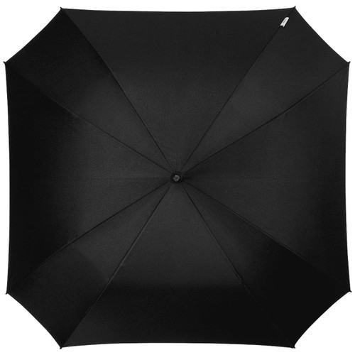 A square automatic umbrella in solid black, featuring a central button mechanism and a subtle logo.