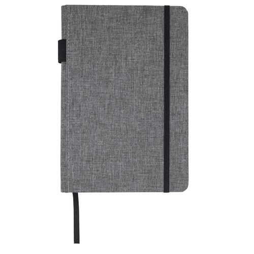 A grey A5 notebook with a textured cover, elastic band closure, and ribbon bookmark. It features a logo. A grey A5 notebook with a textured cover, elastic band closure, and ribbon bookmark. It features a logo.