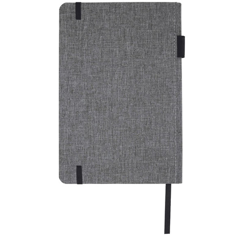 A grey A5 RPET notebook with a textured cover, black elastic closure, and ribbon bookmark. It features a logo. A grey A5 RPET notebook with a textured cover, black elastic closure, and ribbon bookmark. It features a logo.