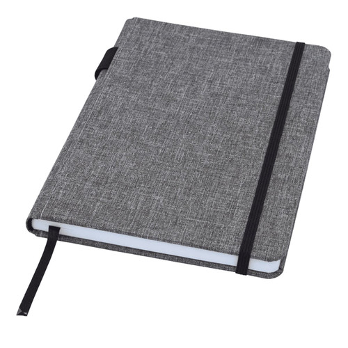 A grey A5 notebook with a textured cover, elastic band closure, and bookmark ribbon. Features a branding logo. A grey A5 notebook with a textured cover, elastic band closure, and bookmark ribbon. Features a branding logo.