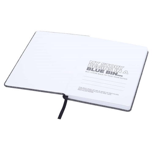 A grey A5 RPET notebook with blank pages and a ribbon bookmark, featuring a logo on the cover. A grey A5 RPET notebook with blank pages and a ribbon bookmark, featuring a logo on the cover.