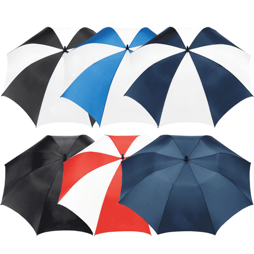 A range of golf umbrellas in black, white, blue, red, and navy, featuring a central logo on each. A range of golf umbrellas in black, white, blue, red, and navy, featuring a central logo on each.