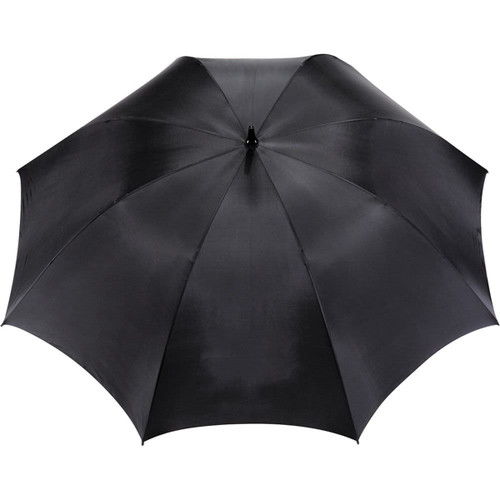 A black golf umbrella with a sturdy design and centre handle, featuring a logo on the underside. A black golf umbrella with a sturdy design and centre handle, featuring a logo on the underside.