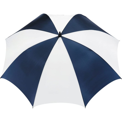 A golf umbrella featuring a navy blue and white striped design, with a sturdy construction and a brand logo. A golf umbrella featuring a navy blue and white striped design, with a sturdy construction and a brand logo.