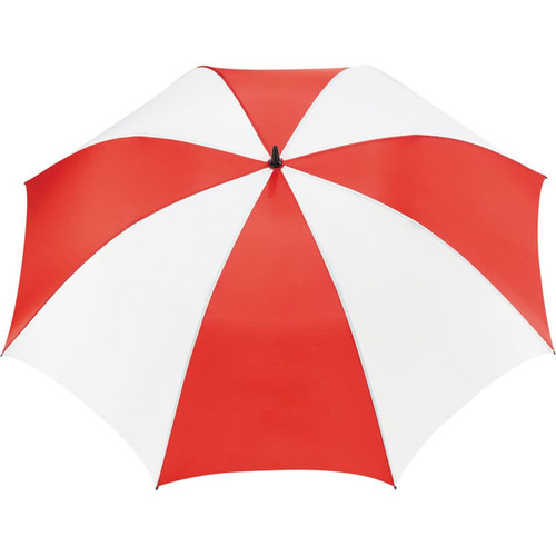 A red and white striped golf umbrella with a central black handle and a branding logo. A red and white striped golf umbrella with a central black handle and a branding logo.