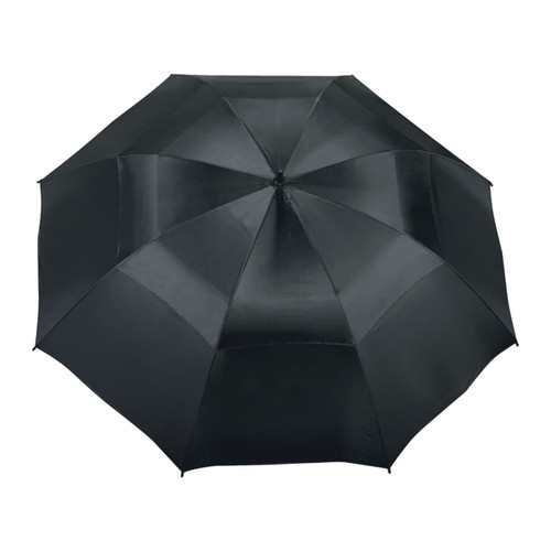 A black vented golf umbrella featuring multiple panels and a central rib for support. It includes a logo. A black vented golf umbrella featuring multiple panels and a central rib for support. It includes a logo.