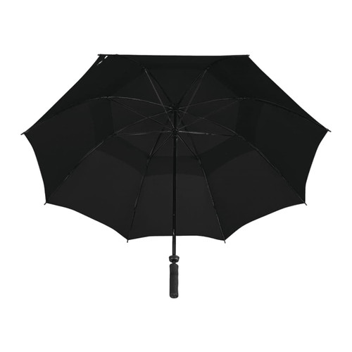 A black vented golf umbrella with a curved handle and multiple segments for extra coverage. A black vented golf umbrella with a curved handle and multiple segments for extra coverage.