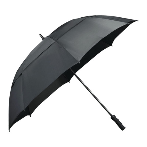 A black vented golf umbrella with a sturdy handle and a sleek design, featuring a logo on the cover. A black vented golf umbrella with a sturdy handle and a sleek design, featuring a logo on the cover.