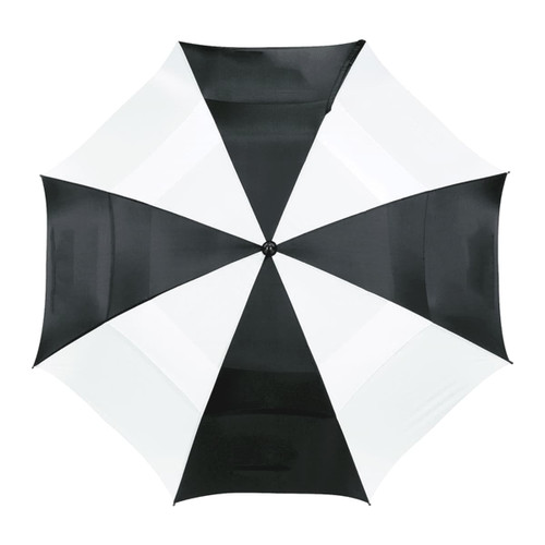 A black and white vented golf umbrella featuring a simple geometric design and a central button. A black and white vented golf umbrella featuring a simple geometric design and a central button.