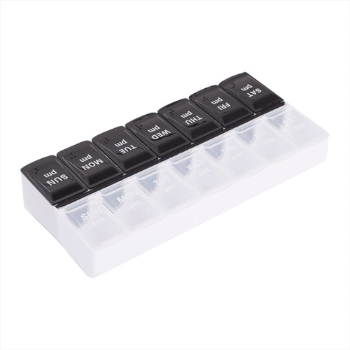 A black and white recycled AM/PM pill case with a transparent base and labelled compartments for each day. A black and white recycled AM/PM pill case with a transparent base and labelled compartments for each day.