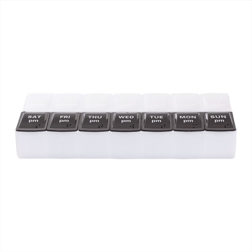 A clear, weekly pill case with black lids for each day, featuring labels for AM and PM. It has a branded logo. A clear, weekly pill case with black lids for each day, featuring labels for AM and PM. It has a branded logo.