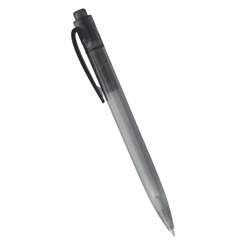 A ballpoint pen made from ocean-bound plastic, featuring a clear barrel and black accents. It includes a clip and branding.
