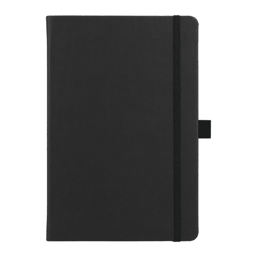 A black hardbound journal with an elastic closure and a bookmark. It features a logo on the cover. A black hardbound journal with an elastic closure and a bookmark. It features a logo on the cover.